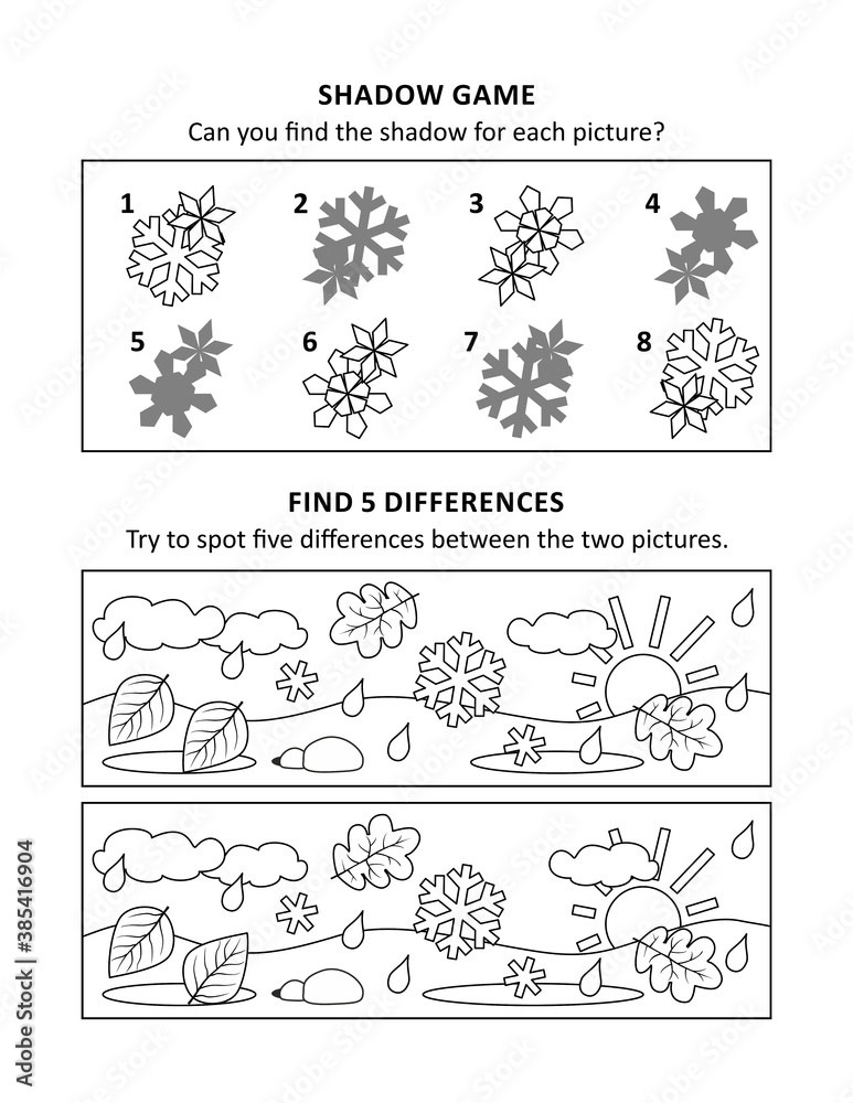 Activity sheet for kids with two visual puzzles, also can be used as coloring page, printable, fit Letter or A4 paper. Weather at late autumn.
