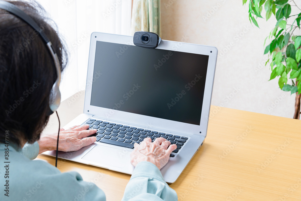 ウェブカメラを使用してオンライン通信をするシニア女性 ウェブカメラを使用してオンライン通信をするシニア女性