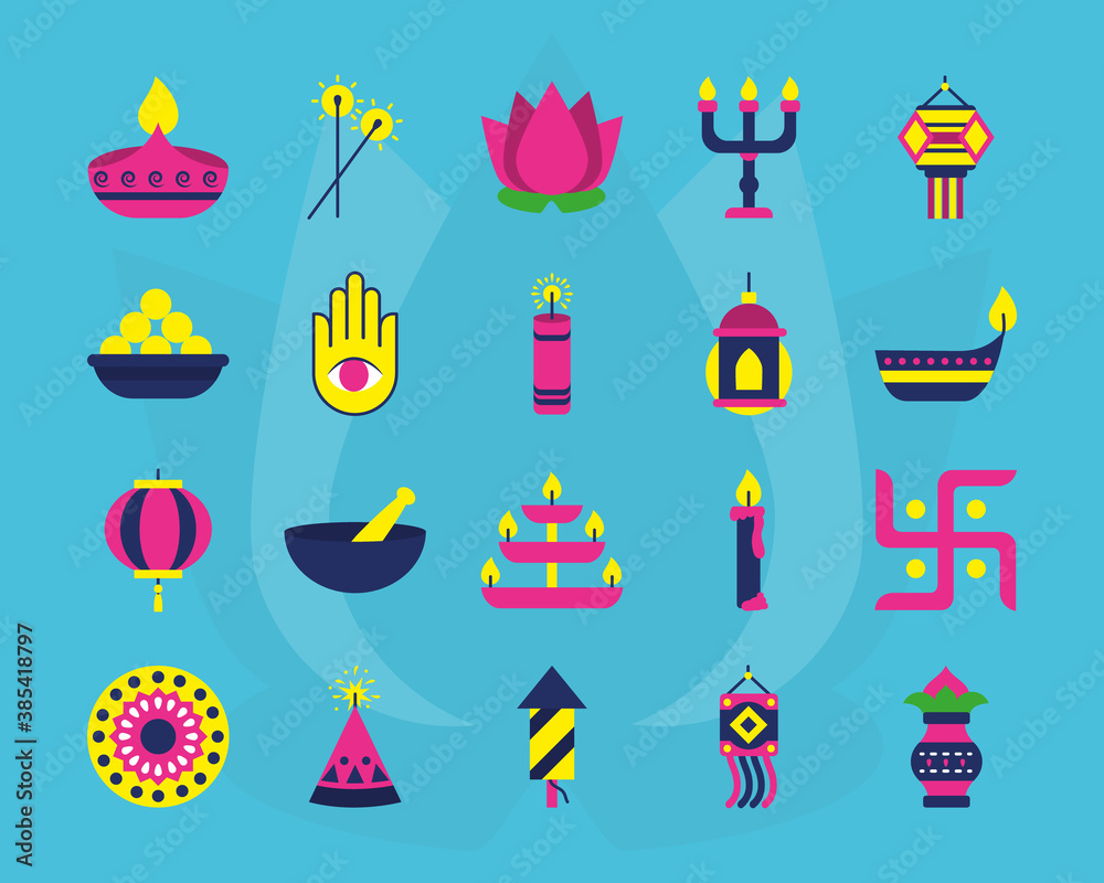icon set of diwali and hamsa hand, flat style icon set of diwali and hamsa hand, flat style