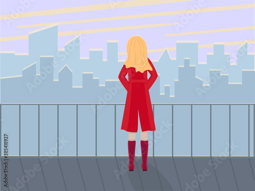 A young girl stands on the roof of the observation deck and looks at the view of the city at dawn. Vector illustration.
