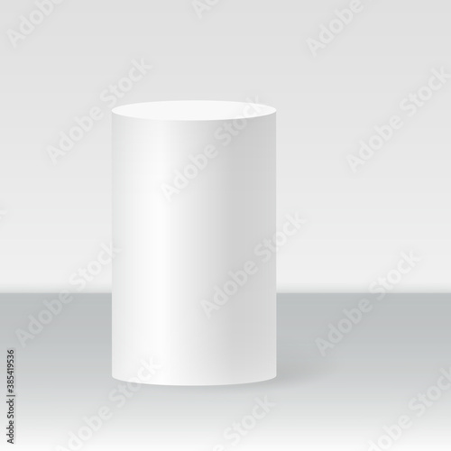 Single cylinder podium scene, winner pedestal. White cylinder template for showroom podium scene. Vector white pedestal for product presentation
