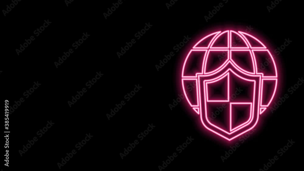 Glowing neon line Shield with world globe icon isolated on black background. Insurance concept. Security, safety, protection, privacy concept. 4K Video motion graphic animation Glowing neon line Shield with world globe icon isolated on black background. Insurance concept. Security, safety, protection, privacy concept. 4K Video motion graphic animation