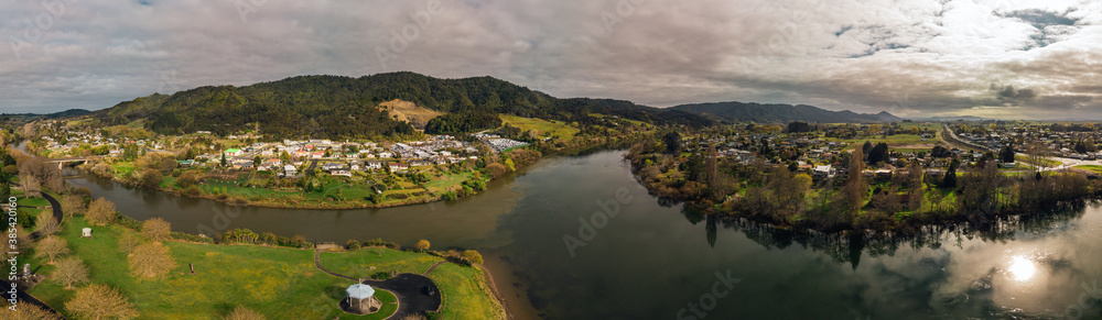 Aerial panoramic view of the confluence of the Waikato and Waipa Rivers located in Ngāruawāhia, Waikato, New Zealand