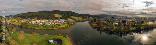 Fototapeta Naklejka Na Ścianę i Meble -  Aerial panoramic view of the confluence of the Waikato and Waipa Rivers located in Ngāruawāhia, Waikato, New Zealand