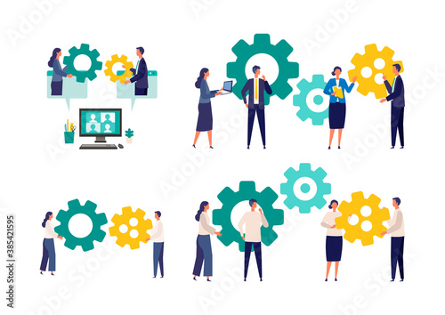 Metaphor of teamwork, strategy, connecting. Flat design vector illustration of business people.