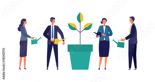 Metaphor of growth, support, assistance. Flat design vector illustration of business people.