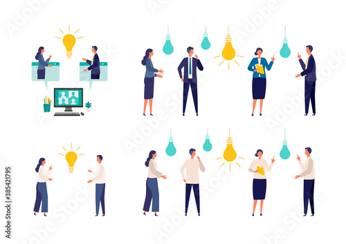 Metaphor of cooperation, create an idea, brainstorming. Flat design vector illustration of business people.