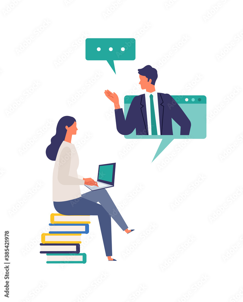 Concept for remote work, online class, teleconference. Vector illustration of people having communication via telecommuting system. Concept for remote work, online class, teleconference. Vector illustration of people having communication via telecommuting system.