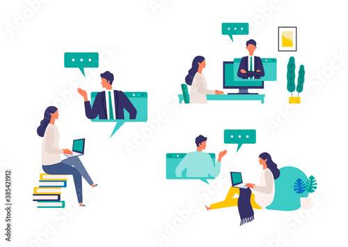 Concept for remote work, online class, teleconference. Vector illustration of people having communication via telecommuting system.