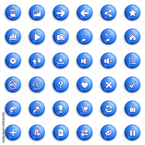 Buttons and icon set design for game or web color blue. Premium Vector illustration.