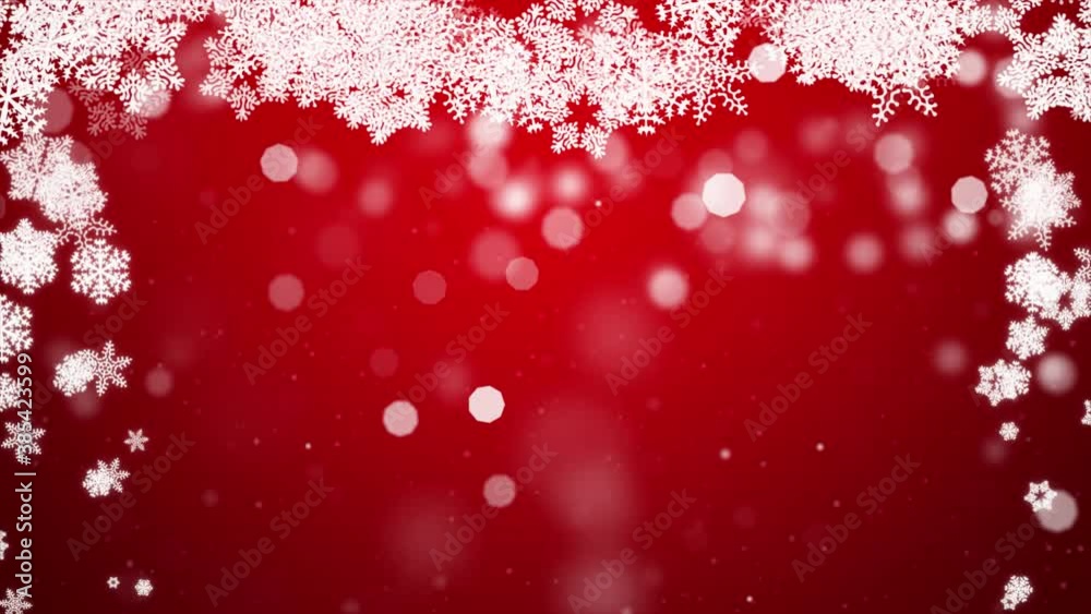 4k White confetti snowflakes and bokeh lights on the Red loop Animation. Magical Happy new year texture. 3D rendering video Merry Christmas Background
