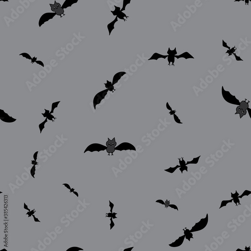 Bats in flight seamless repeat vector swarm of bats silhouetted against the gray night sky surface pattern design © Meg Marchiando
