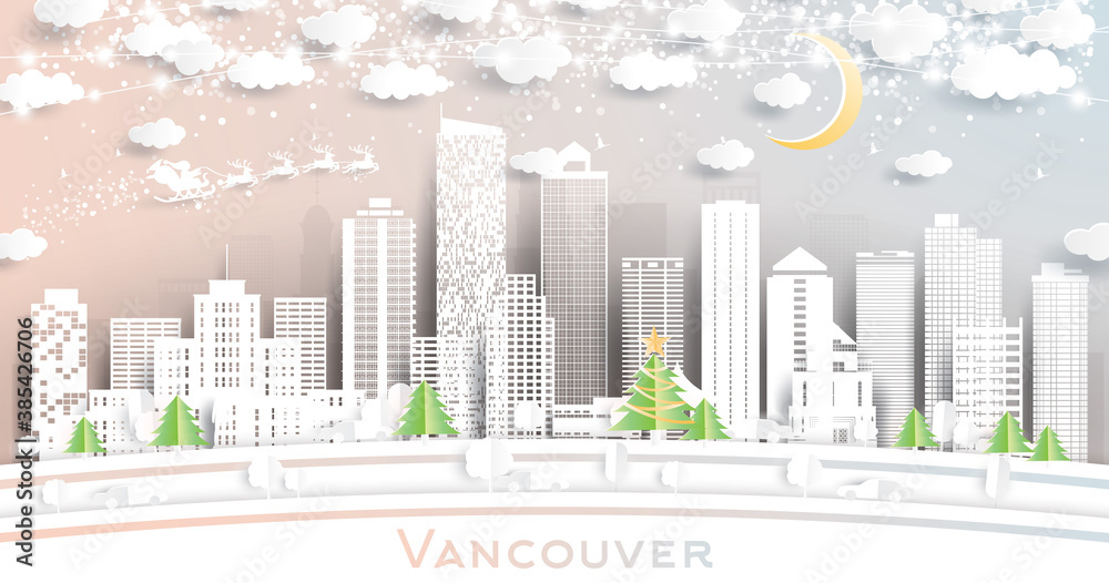 Fototapeta premium Vancouver Canada City Skyline in Paper Cut Style with Snowflakes, Moon and Neon Garland.