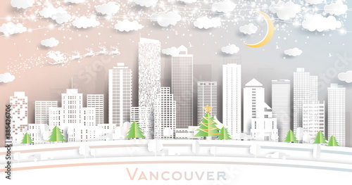 Vancouver Canada City Skyline in Paper Cut Style with Snowflakes, Moon and Neon Garland.