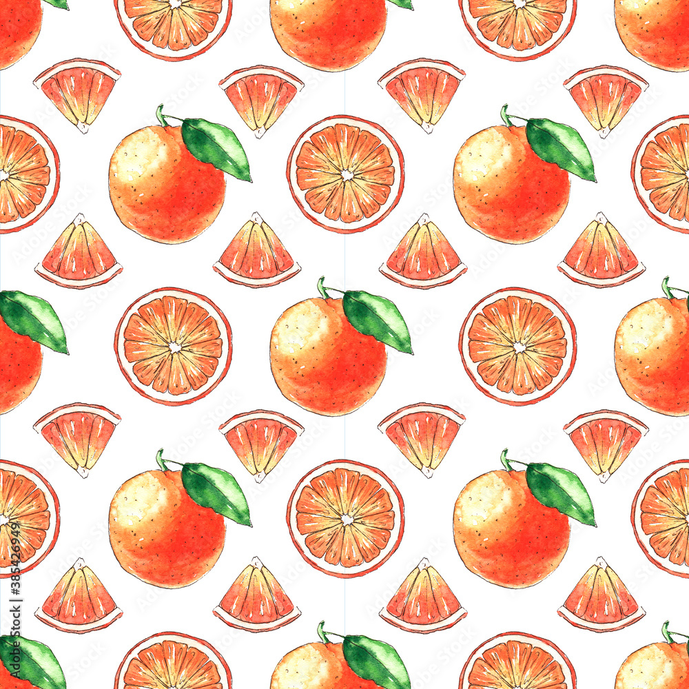 Seamless fruit watercolor pattern with oranges and leaves. Food pattern.