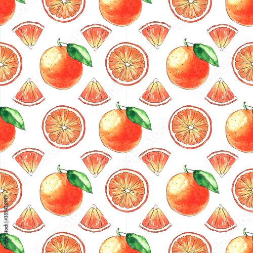 Seamless fruit watercolor pattern with oranges and leaves. Food pattern.