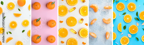Collage with sweet citrus fruits on color background