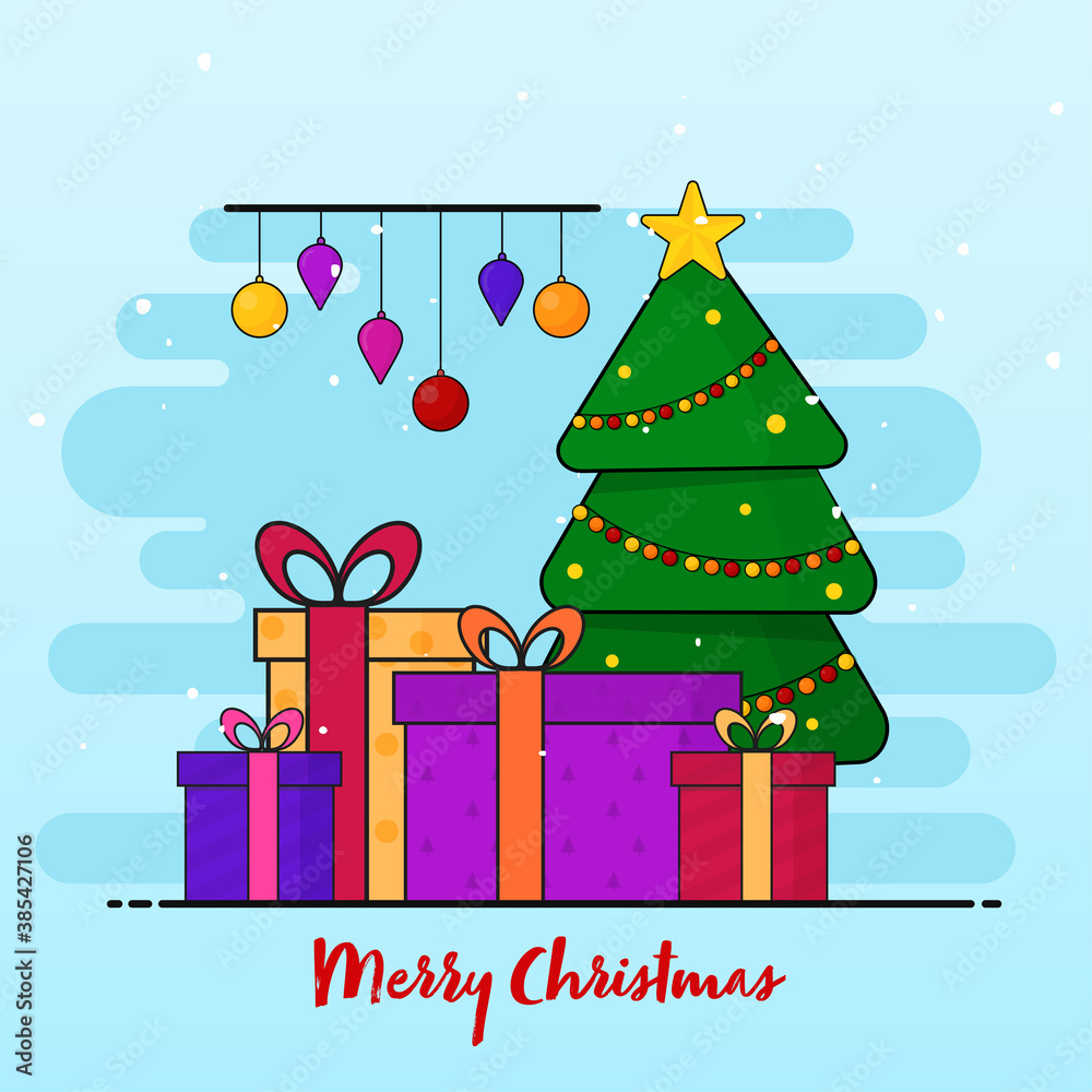 Merry Christmas Celebration Poster Design with Decorative Xmas Tree, Gift Boxes and Hanging Baubles on Sky Blue Background.