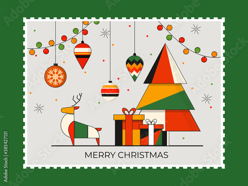 Merry Christmas Greeting Card with Colorful Xmas Tree, Gift Boxes, Reindeer, Hanging Baubles and Lighting Garland on White and Green Background.