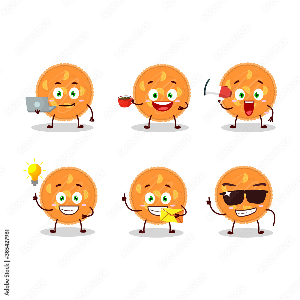 Orange pie cartoon character with various types of business emoticons