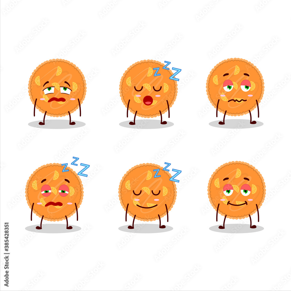 Cartoon character of orange pie with sleepy expression Cartoon character of orange pie with sleepy expression