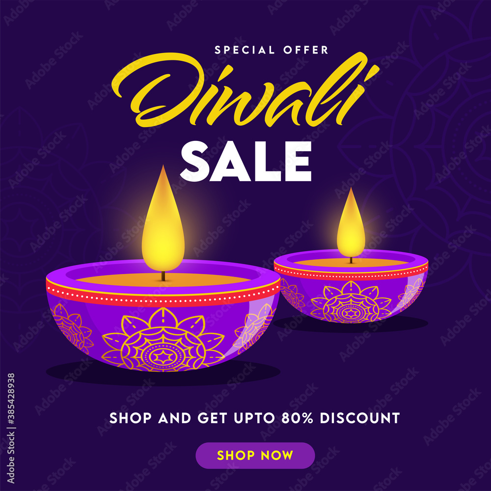 Diwali Sale Poster Design with 80% Discount Offer and Lit Oil Lamps (Diya) on Violet Mandala Pattern Background.