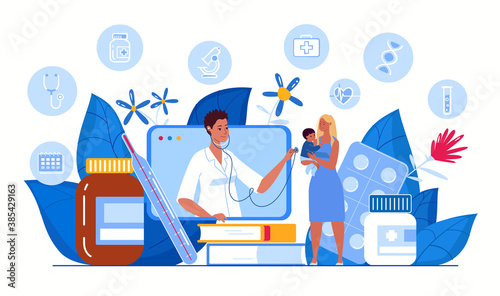 Online doctor consultation concept. Ask a doctor. Family doctor online. Medical diagnostics via the Internet. Mother and child talking, consulting a doctor using a tablet. Vector flat illustration.