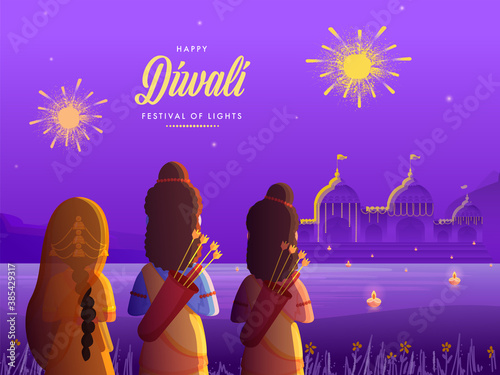 Back View of Lord Rama with His Wife Sita and Brother Laxman on Decorative Ayodhya Background for Happy Diwali Celebration.