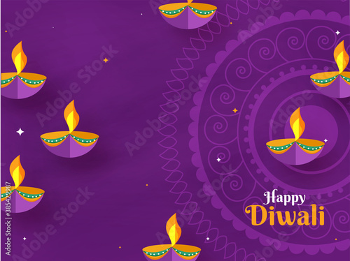 Happy Diwali Celebration Poster Design with Illuminated Oil Lamps on Purple Mandala Pattern Background.
