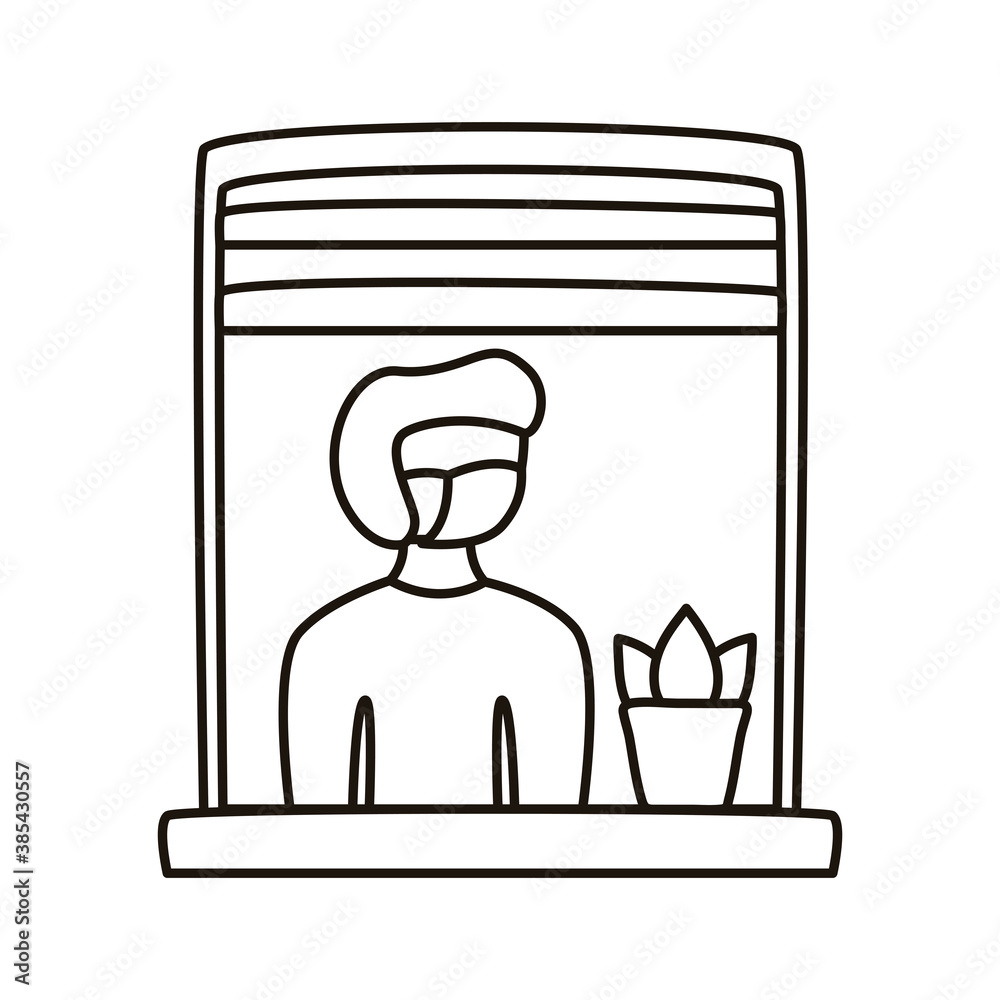 man wearing medical mask in house window character man wearing medical mask in house window character