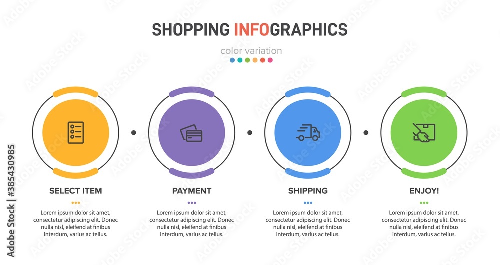 Fototapeta premium Concept of shopping process with 4 successive steps. Four colorful graphic elements. Timeline design for brochure, presentation, web site. Infographic design layout.