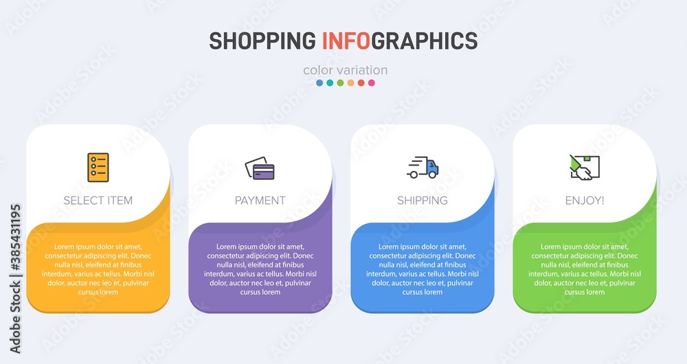 Concept of shopping process with 4 successive steps. Four colorful graphic elements. Timeline design for brochure, presentation, web site. Infographic design layout.