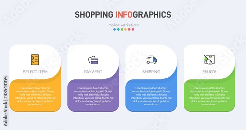 Concept of shopping process with 4 successive steps. Four colorful graphic elements. Timeline design for brochure, presentation, web site. Infographic design layout.