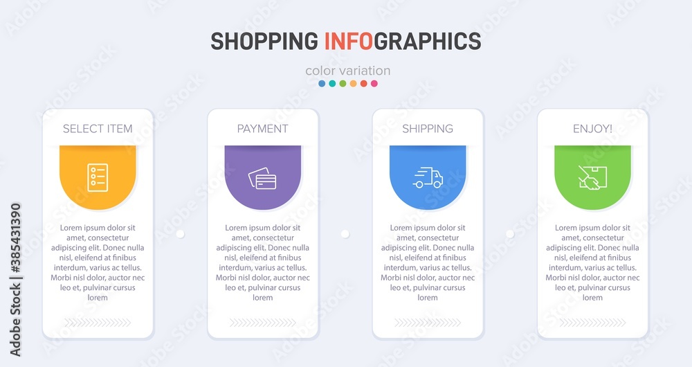 Concept of shopping process with 4 successive steps. Four colorful graphic elements. Timeline design for brochure, presentation, web site. Infographic design layout. Concept of shopping process with 4 successive steps. Four colorful graphic elements. Timeline design for brochure, presentation, web site. Infographic design layout.