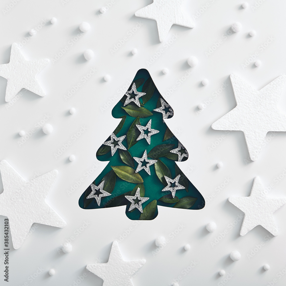Christmas tree with green leaf and white star frame Christmas tree with green leaf and white star frame