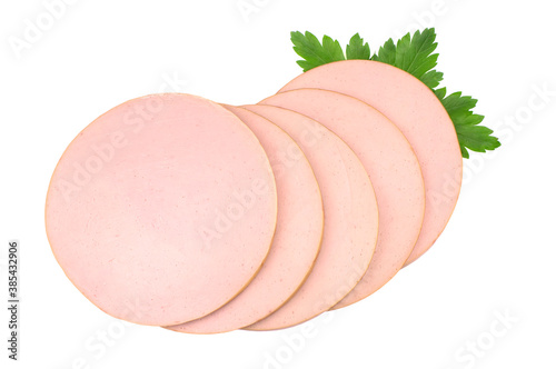 Boiled sausage slices with parsley isolated on white background.