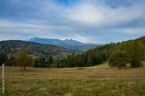 Panorama of wild nature in autumn. Blue skies over the snowy mountain and colorful trees. Autumn landscape, Slovakia.
