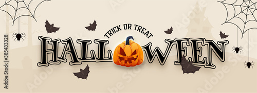 Halloween Text with Jack-O-Lantern, Flying Bats and Spider Web on Beige Background for Trick Or Treat.