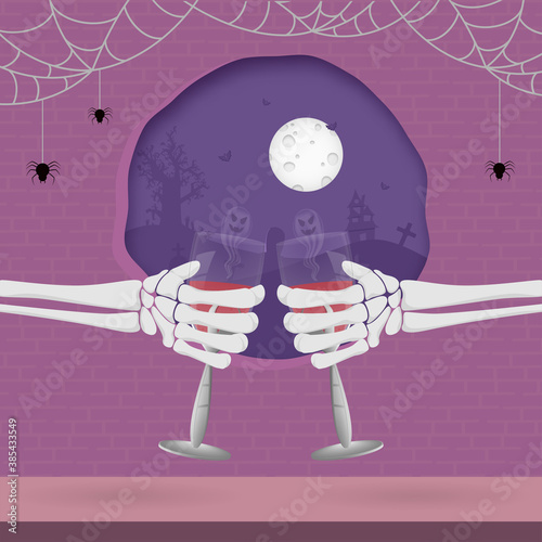 Purple Brick Wall Paper Cut Background with Full Moon, Spider Web and Skeleton Hands Holding Wineglass for Halloween Celebration.