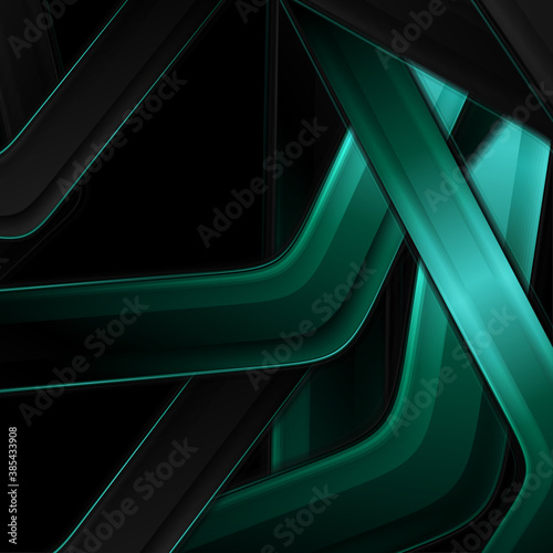Black and green glossy stripes abstract hi-tech background. Dark futuristic vector design