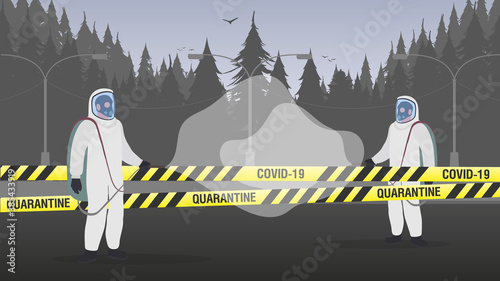 People in protective suits from the virus. The city is in quarantine. Coronavirus in the city. Yellow ribbons with black stripes. Vector illustration