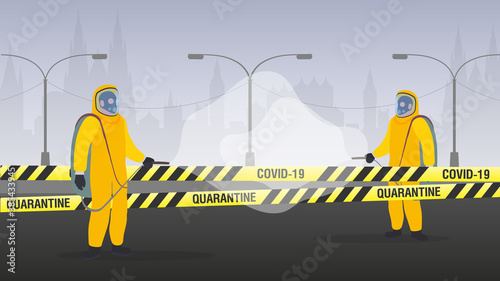 People in protective suits from the virus. The city is in quarantine. Coronavirus in the city. Yellow ribbons with black stripes. Vector illustration