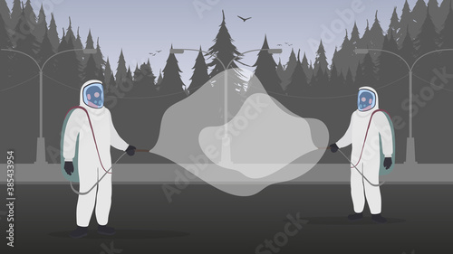 People in protective suits against the virus. The city is under quarantine. Coronavirus in the city. Vector illustration