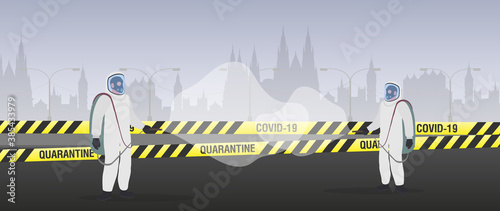 People in protective suits from the virus. The city is in quarantine. Coronavirus in the city. Yellow ribbons with black stripes. Vector illustration