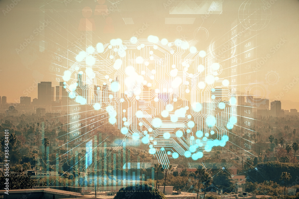 Brain hologram drawing on cityscape background multi exposure. Ai in modern city concept.