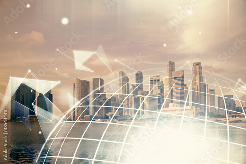 Fotografie Map and data theme hologram on city view with skyscrapers background double exposure
