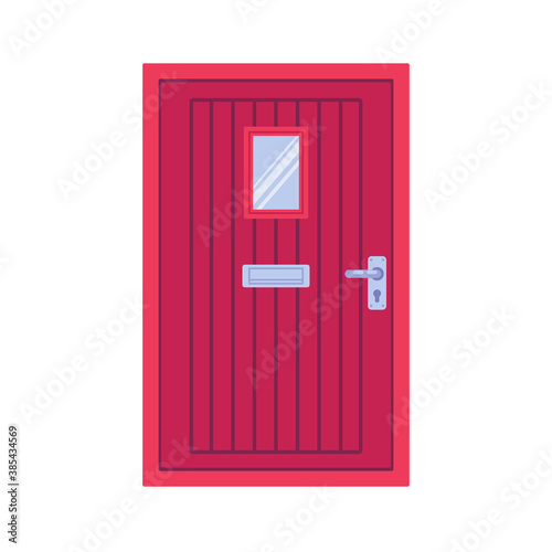 Red door with glass flat icon, vector sign, Front Door Letter Box colorful pictogram isolated on white. Symbol, logo illustration. Flat style design