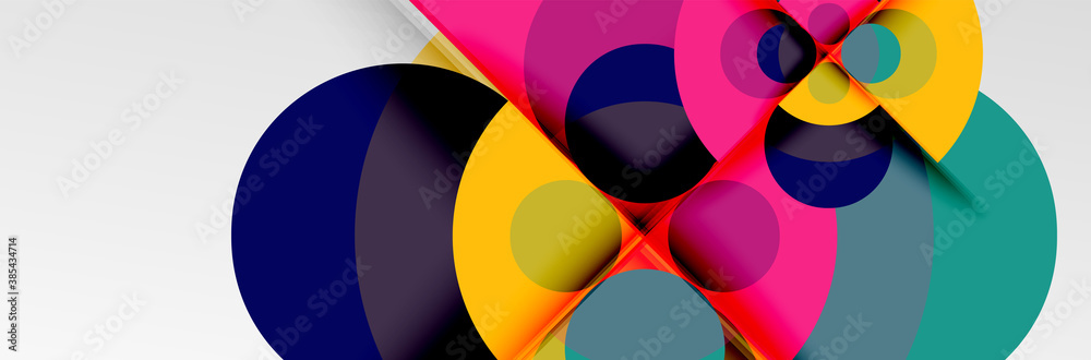 Bright color circles, abstract round shapes and triangles composition with shadow effects. Vector modern geometric design template Bright color circles, abstract round shapes and triangles composition with shadow effects. Vector modern geometric design template