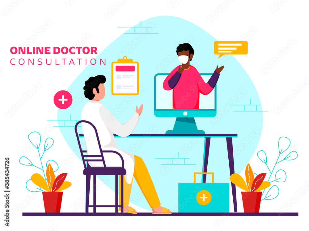 Cartoon Doctor Interact with Patient on Video Call To Protect From Coronavirus Outbreak. Online Doctor Consultation Concept Based Poster Design. Cartoon Doctor Interact with Patient on Video Call To Protect From Coronavirus Outbreak. Online Doctor Consultation Concept Based Poster Design.
