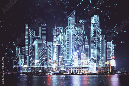Photography Double exposure of buildings hologram over cityscape background